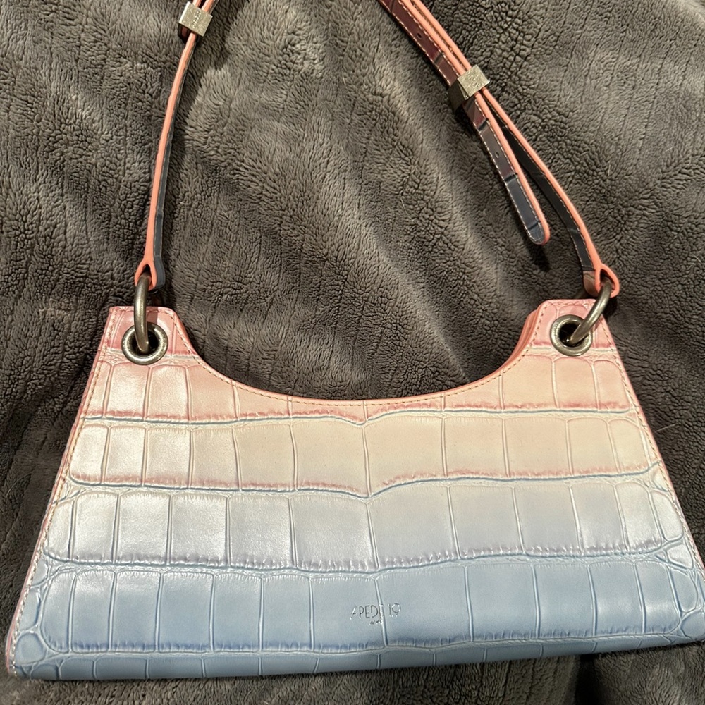 Apede Mod New York Pink and Blue rainbow Croc leather froggy bag.